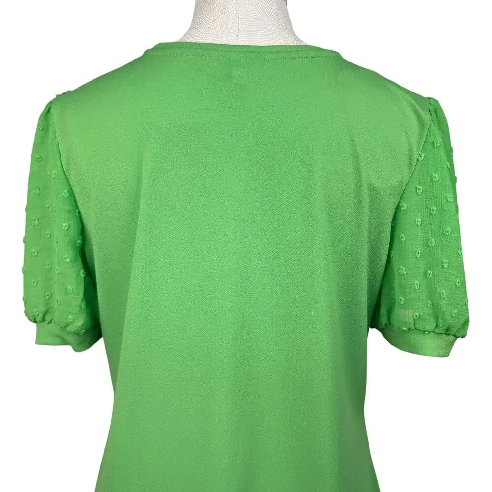 Carmen‎ Womens Blouse Large Green Sheer Puff Sleeve Mixed Media Stretch Knit Top - Picture 5 of 10
